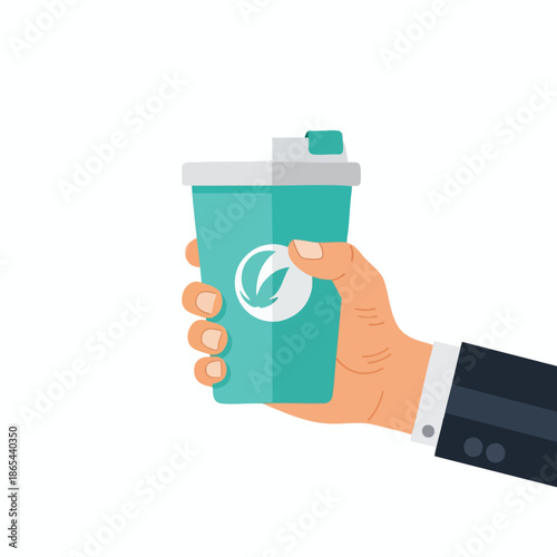 A hand, in a suit, holding a teal coffee cup with a leaf logo, on white background