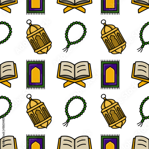 Seamless Islamic prayer rug, Quran, and lantern pattern vector illustration