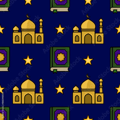Seamless vector pattern featuring Islamic mosque, stars, and a holy book on a dark blue background, perfect for Ramadan and Eid decorations.
