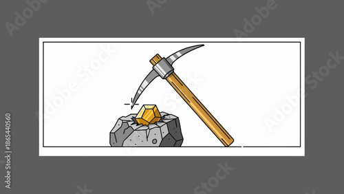 Cartoon illustration of a pickaxe striking a gold nugget in a rock.