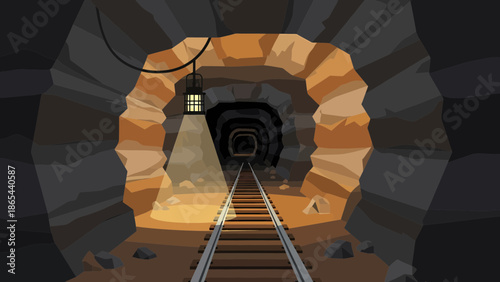 Cartoon Mine Shaft with Tracks and Lantern Illustration.