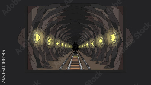 Cartoon Mine Shaft Tunnel with Lights and Railroad Tracks.