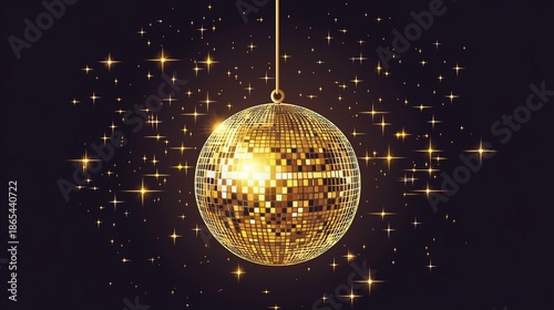 A gold disco ball is suspended from a string in a dark room