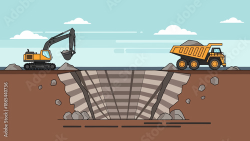 Excavator and Dump Truck at a Mining Site Illustration.