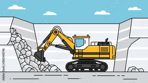 Excavator Digging in Quarry Heavy Machinery Illustration.