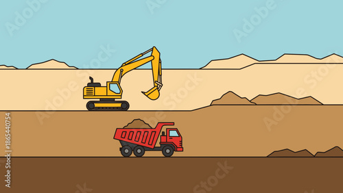 Excavator Loading Dump Truck at Construction Site Illustration.