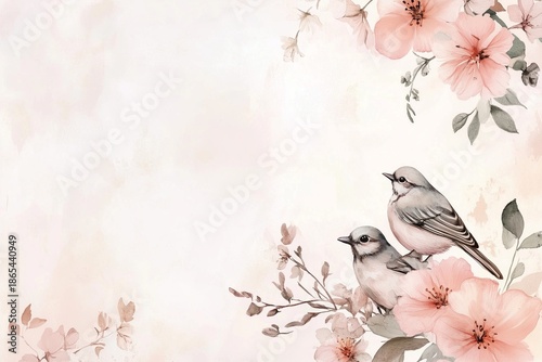 Two birds are perched on a pink flower