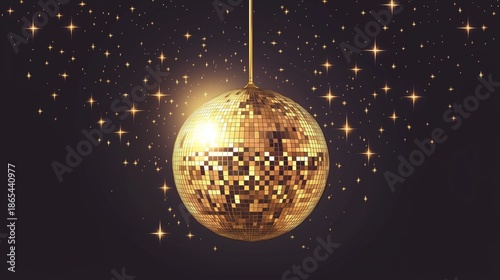 A gold disco ball is suspended from a string in a dark room
