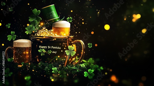 A mug with a green shamrock on it is on a table with another mug