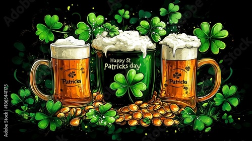 A mug with a green shamrock on it is on a table with another mug