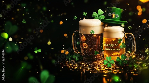 A mug with a green shamrock on it is on a table with another mug