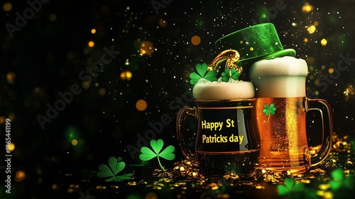 A mug with a green shamrock on it is on a table with another mug