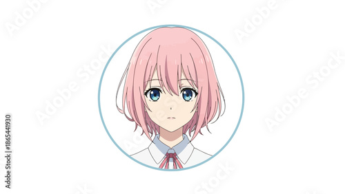Anime girl with short pink hair and blue eyes in a circle.
