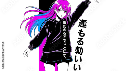 Anime Girl with Vibrant Hair and Hoodie in a Dynamic Pose.