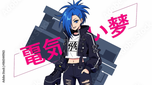 Animestyle character with blue hair edgy outfit and confident pose.