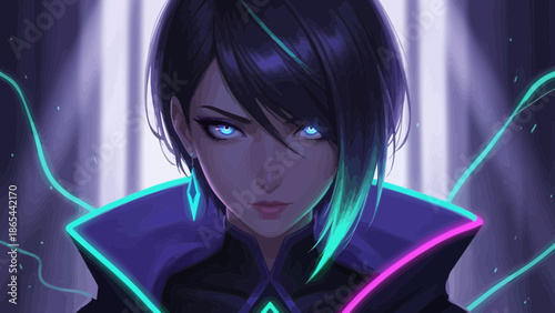Intense Gaze of a Woman with Glowing Eyes and Neon Accents.