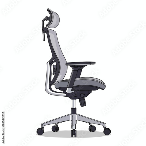 A side view of a modern office chair with headrest and armrests on a white backdrop