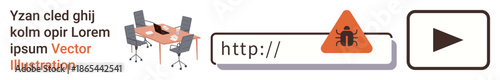 Cybersecurity, malware alert, digital communication, online security breach, computer safety, internet error. Warning symbol with a bug icon on a URL bar and office setup. Cybersecurity and malware