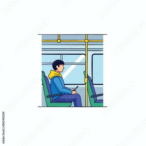Illustration of person seated on public transport using a device, by a window