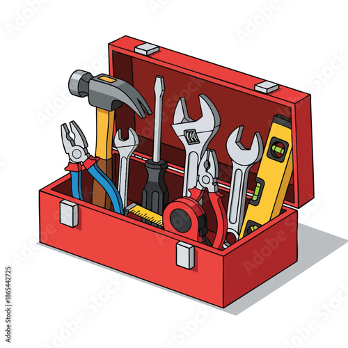 A cartoon-style open red toolbox, filled with various hand tools