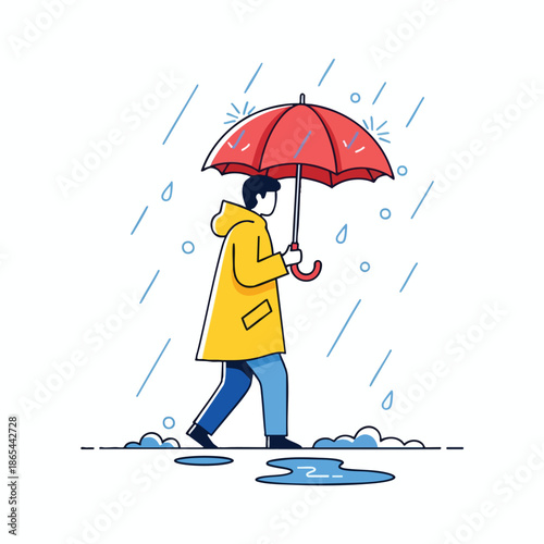 Illustrated person walks in the rain with umbrella, wearing a raincoat