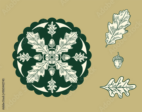 Folk art hex sign illustrated in a hand-drawn style with wood carving affects, vector Lancaster Amish symbol with oak leaf and acorn drawings