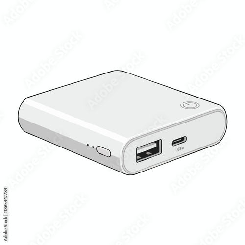 An illustration of a white, rectangular power bank with ports and a power button