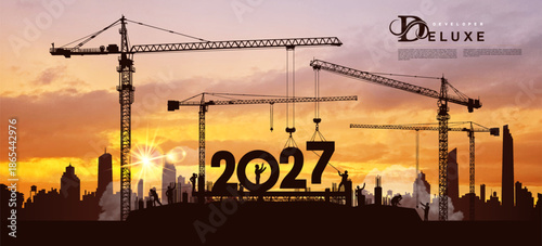 Designing and planning the year 2027. Construction site, project 2027 Happy New Year creative presentation Design Element. Black silhouette vector many construction cranes set numbers. 2027 Developer.