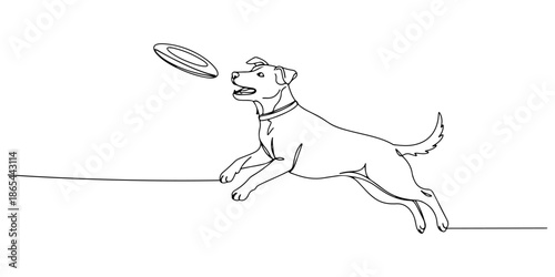 Continuous one line of a dog catching a frisbee in the air, symbolizing play and agility, drawn vector illustration.
