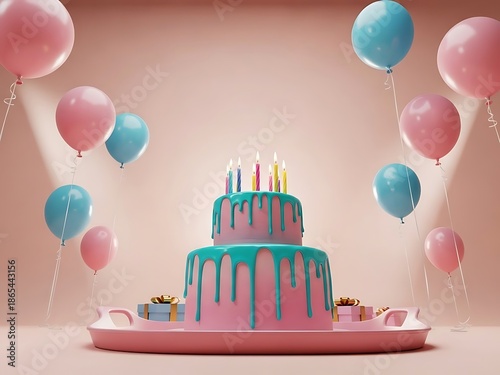 Two Tier Birthday Cake with Teal Drips and Many Candles. Generative Ai