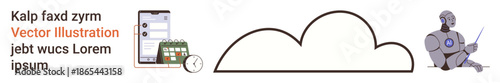 Cloud technology, AI innovations, scheduling tools, data storage, automation, remote work solutions. ion of a cloud, robot digital calendar and smartphone. Cloud technology and AI innovations