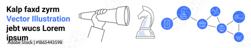 Business strategy, decision making, planning, networking, competition, technology. Hand holding a telescope, chess knight and network nodes. Business strategy and decision-making visuals
