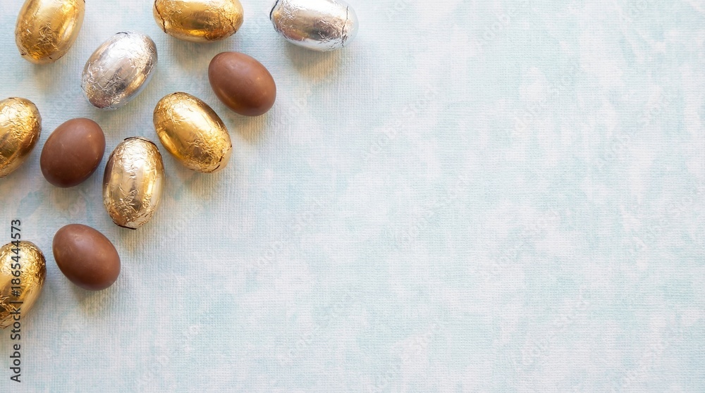 Obraz premium Shiny gold and silver chocolate eggs scattered on blue surface. Easter holiday treats and festive confectionery. Spring celebration concept and seasonal decorations.