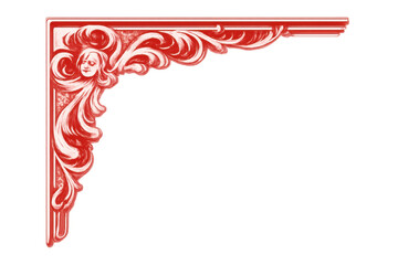 Ornate rococo style red corner border graphic with scrolls and a female face, transparent background