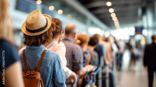 Many faceless passengers wait long queue airport gate boarding process travelers waiting flight terminal crowded scene delay passenger processing area defocused terminal