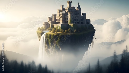 An imaginative concept design showcasing a grand ancient fortress perched atop a verdant floating landmass, an enchanting vision amidst endless clouds
