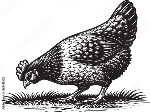 Chicken Pecking Linocut Etching Black and White Farm Bird Illustration