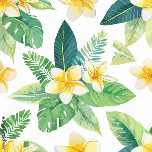 Frangipani and banana leaves in watercolor, creamy yellow + emerald washes, tropical seamless pattern