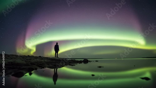 Silhouette of an adult person observing the vibrant aurora borealis. Green and purple northern lights illuminate the night sky. Beautiful reflections shimmer on the calm water surface