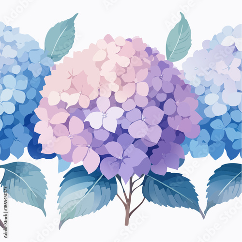 Hydrangea watercolor clusters in blended blue + violet gradients, soft dreamy seamless pattern
