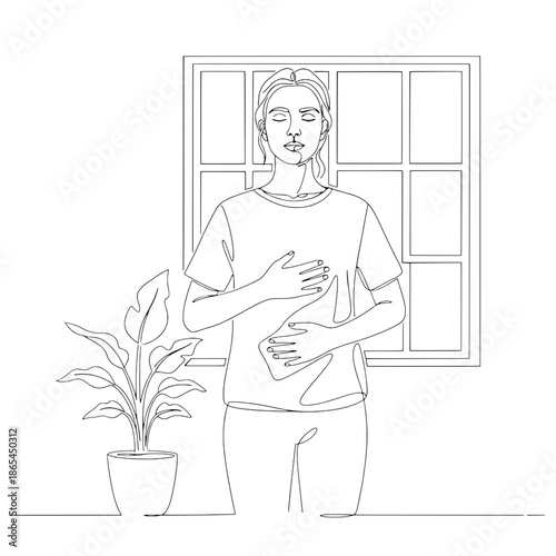 Young Woman Practicing Deep Conscious Breathing Exercise, Minimalist Line Art Illustration for Adult Coloring Page