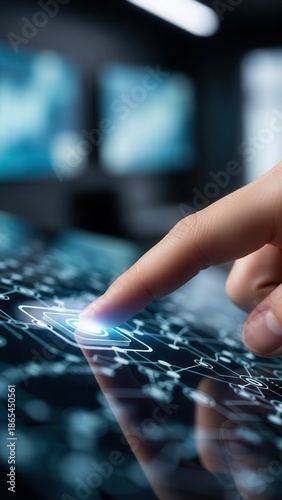 Index finger reaching to activate digital control symbolizing innovation and technology