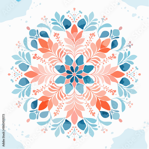 Mandala-style watercolor florals with coral + sky blue washes, modern symmetrical repeat pattern