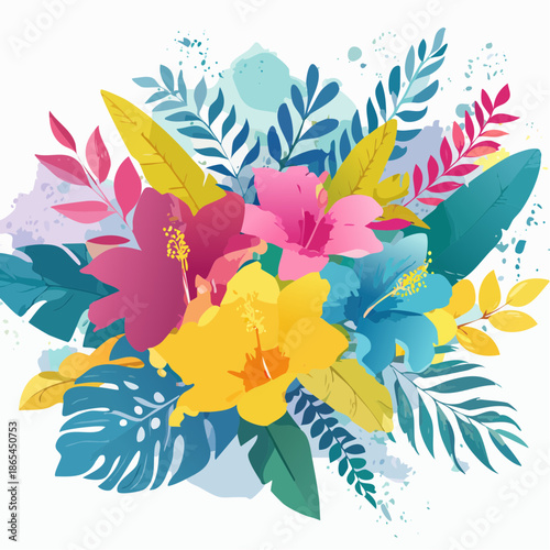 Multicolor tropical bouquet in expressive watercolor splashes, teal, magenta, yellow seamless pattern