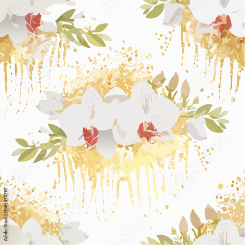 Orchid watercolor cascades in glowing pearl white + gold washes, luxury wedding-style seamless pattern