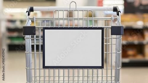 Shopping cart with blank white sign in grocery store aisle