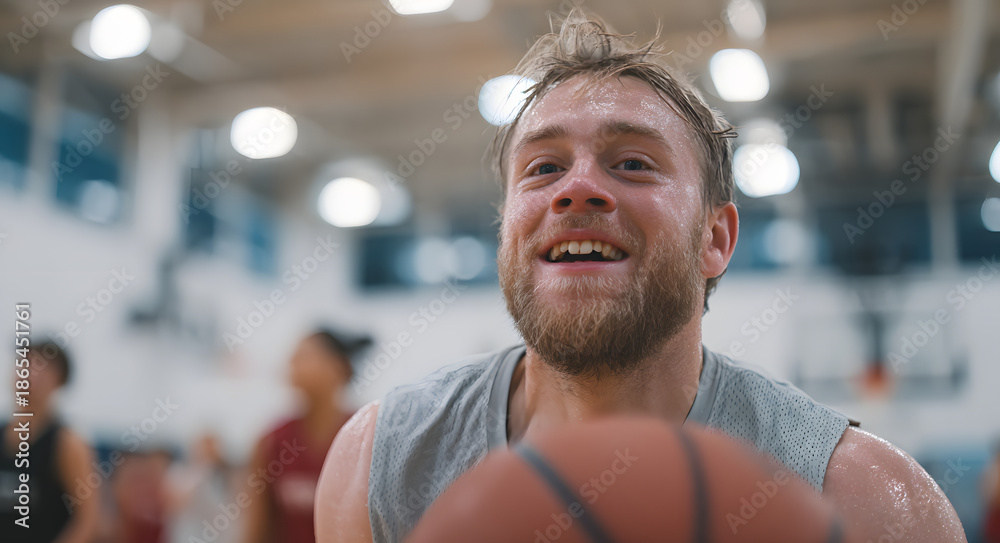 Fototapeta premium Young man down syndrome playing basketball gym with teammates inclusive sports program. Special needs athlete participating team activities fitness training. Disability inclusion concept banner