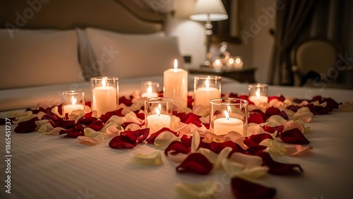 Romantic hotel room setup with candles and rose petals on bed