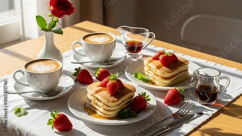 Delicious breakfast with pancakes strawberries and coffee