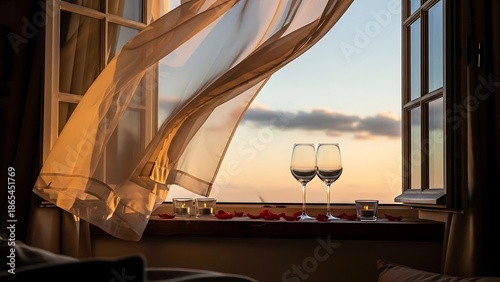 Romantic evening with wine glasses on a windowsill overlooking sunset